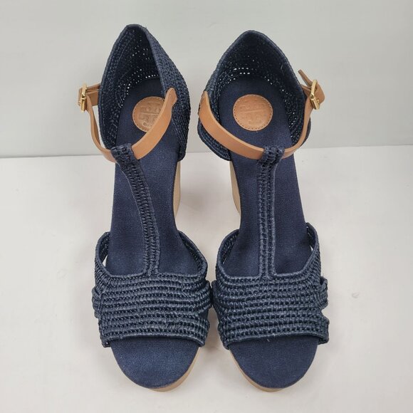 Tory Burch Carina Women's Navy Blue Straw Wedge Sandals 21138607 US Size 11M - Picture 7 of 10